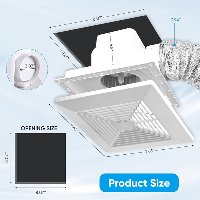 8 Inch Bathroom Exhaust Fan, Square 110 CFM 1.0 Sones Ultra Quiet Bathroom Vent Fan for Ceiling Mount, 110V-220V Bath Vent Extractor for 8.07" Ceiling Opening - Image 3