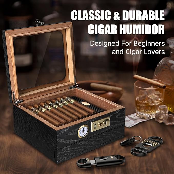 Cigar Humidor, Cedar Wood Humidor Cigar Box, Glass Top Desktop Humidor with Front Hygrometer, Humidifier, Divider, Accessories Drawer and Combination Lock, Cigar Gifts for Men (Black) - Image 7