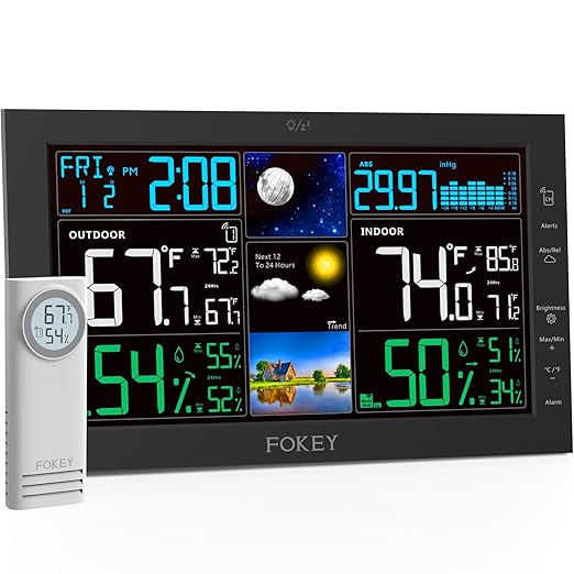 Weather Station Wireless Indoor Outdoor, Indoor Outdoor Thermometer Wireless, Home Atomic Clock Weather Stations, Temperature Humidity Barometer Inside Outside Thermometers, Black with 1 Sensor by FOKEYDIRECT