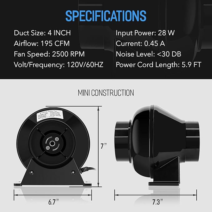 iPower 4 Inch 195 CFM Inline Duct Ventilation Fan Air Circulation Vent Blower for Grow Tent, 4", Black - Image 3