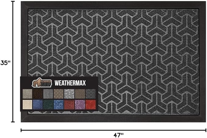 GORILLA GRIP 100% Waterproof All-Season WeatherMax Doormat, 47x35, US Designed Natural Rubber, Stain and Fade Resistant, Low Profile Indoor Outdoor Door Mats, Easy Clean Patio Mat, Slate Geometric - Image 2