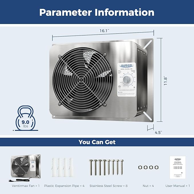 ALORAIR 780CFM Crawlspace Ventilation Fan with Humidistat, IP55 Rated Basement Stainless Steel Exhaust Fan, Built-In Isolation Net 9.13 Inch Foundation Vent Fan for Crawl Space,Garage,Attic,Grow Tent - Image 6
