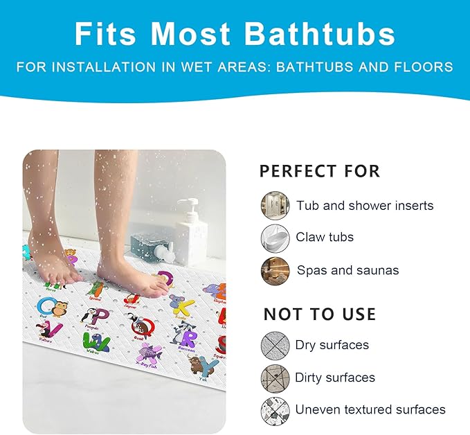 XIYUNTE Baby Bath Mat for Tub Non Slip Kids Bath Mat - 40''x16'' Extra Long Cartoon Bathtub Mat Non Slip Kids Shower Mat Eco-Friendly Toddler Bath Mats with Suction Cups, Machine Washable - Image 6