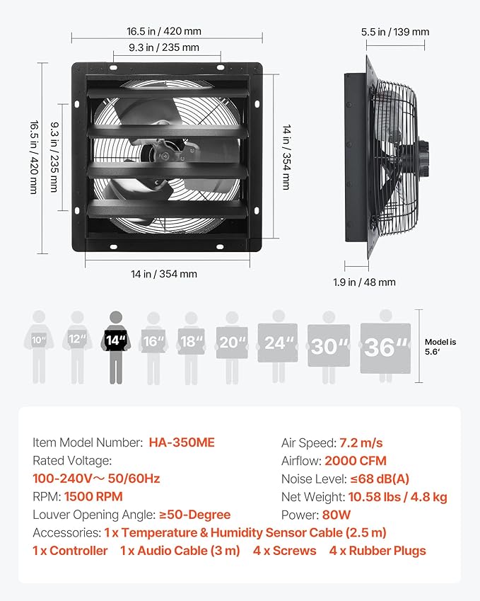 VEVOR 14 inch Exhaust Fan, Wall Mounted Attic Fan with Variable Speed, Temperature & Humidity Controller, 2000 CFM, Automatic Shutter - Image 7