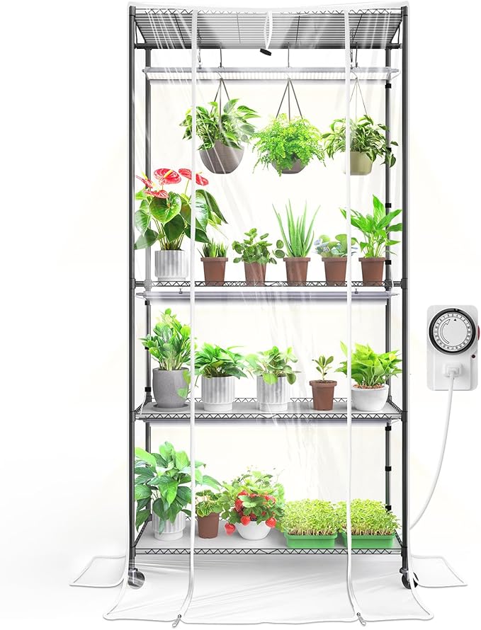 Barrina CX3Z Indoor Greenhouse with Grow Light, 4-Tier Metal Plant Stand with Zippered EVA Cover and Wheels, LED Full Spectrum 3FT 36W(per Light) Plant Growing Lamp with Timer, 35.4"x13.8"x70.9" by Barrina
