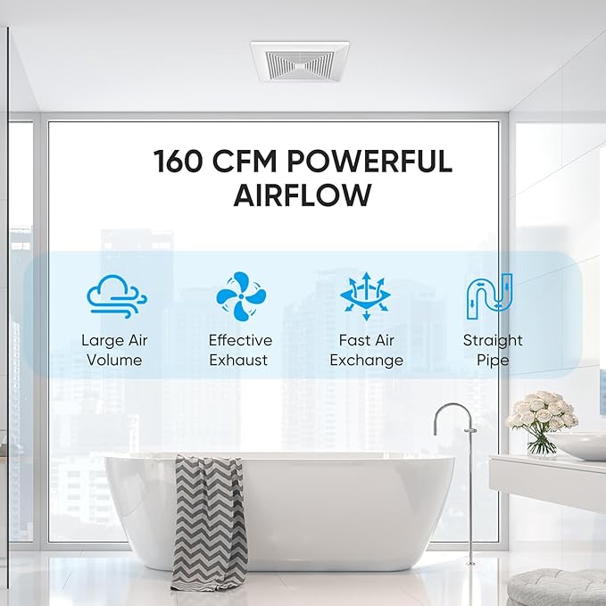 10 Inch Bathroom Exhaust Fan, 160 CFM 1.0 Sones Square Ultra Quiet Bathroom Vent Fan for Ceiling Mount, 110V-220V Bath Vent Extractor for 10.03" Ceiling Opening - Image 4