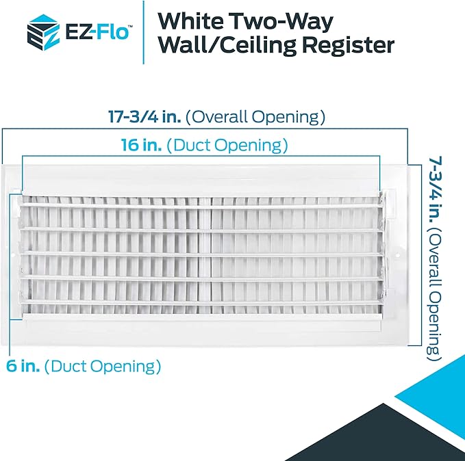 EZ-FLO 16 x 6 Inch (Duct Opening) White Air Vent Cover for Wall or Ceiling, Two-Way Ventilation Register, Solid Steel HVAC Cover, 61663 (Pack of 2) - Image 6