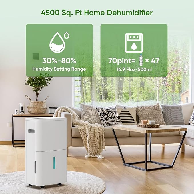 Dehumidifier, Dehumidifier for Basement with Drain Hose Max 70 Pints, Dehumidifiers for Home up to 4,500 Sq. Ft, Ideal for Bedroom, Bathroom & Large Rooms, Humidity Control, Dry Clothes, 24HR Timer - Image 2