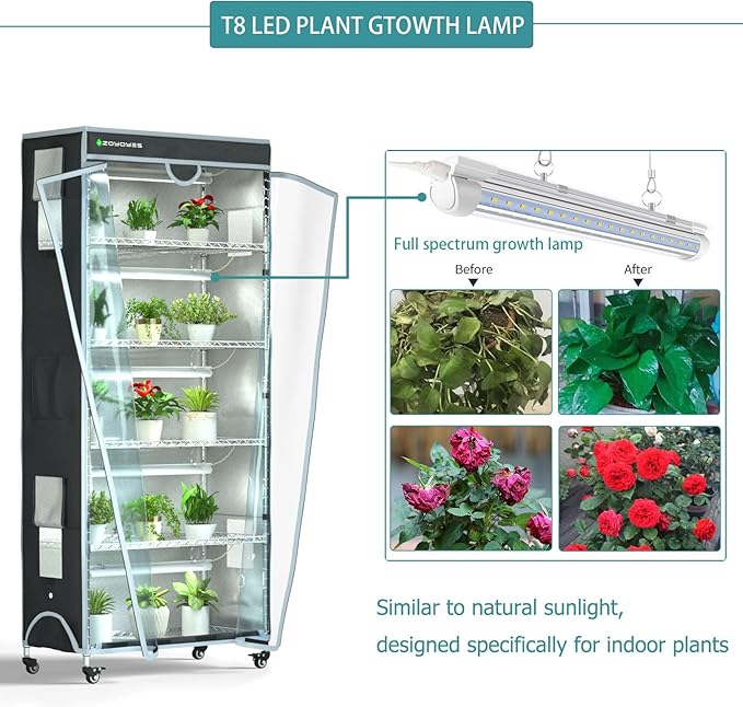 Indoor Greenhouse 6-Tier Plant Rack with Cover, 5 T8 Grow Lights, Thermometer & Timer – Seedlings, Flowering, Herbs & Vegetables, Indoor Gardening, Easy Assembly 30" W x 14" D x 72" H - Image 2