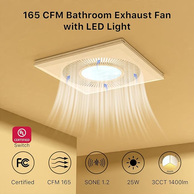 Bathroom Exhaust Fan with Light 11.8IN 165 CFM 1.2 Sones Shower Bathroom Vent Fan with 3CCT 15w Led Light Combo Quiet Bath Ceiling Exhaust Fan with Adjustable Led Light 3000k/4000k/6500k For Home Bath - Image 2