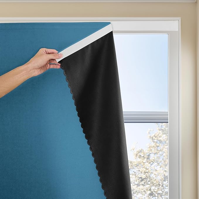 Magic Tape Stick on Portable Curtains for Windows,Bedroom Blackout Curtains for - Thermal Lnsulated No Drill Curtains Room Darkening Black Small Drapes(1 Panels,35Wx63L inch-Dark Blue) by JILRON