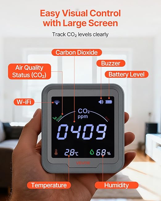 VEVOR Carbon Dioxide Monitor, CO2 Controller with Temperature and Humidity Display, NDIR Sensor Carbon Dioxide Detector, for Outdoors, Home, Office, Car, Wall-Mounted Use - Image 7