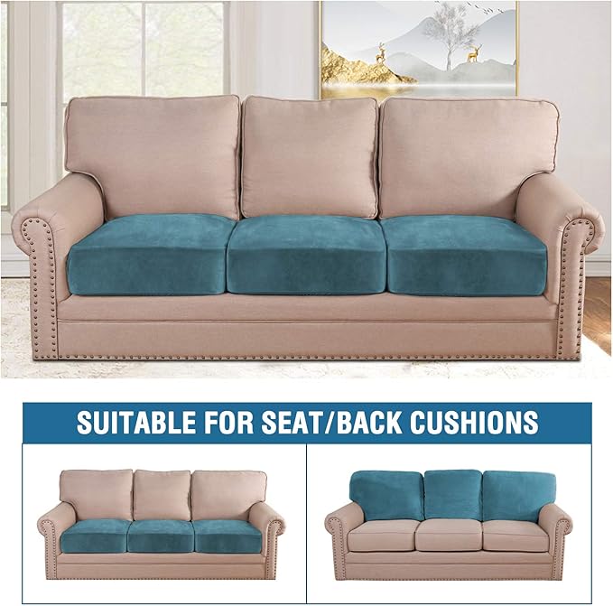 H.VERSAILTEX Velvet Stretch Couch Cushion Cover Plush Cushion Slipcover for Chair Loveseat Sofa Cushion Furniture Protector Seat Cushion Sofa Cover (3 Piece Sofa Cushion Covers, Peacock Blue) - Image 3