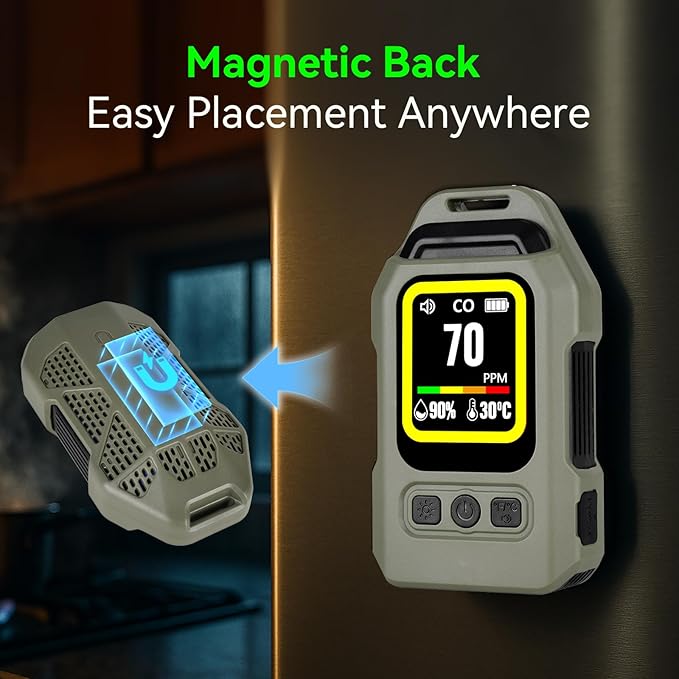 Portable 4-in-1 Carbon Monoxide Detector, Rechargeable Mini CO Alarm with Magnetic Back, 300H Standby, Temp & Humidity Sensor Air Quality Monitor for Home, Travel, Camping, RV, Car - Image 3