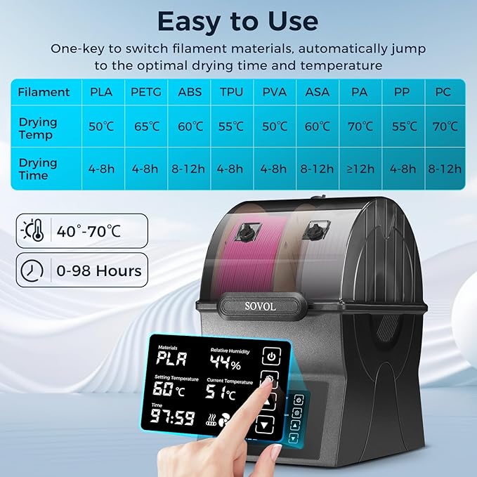 Sovol Filament Dryer, SH02 Dry Box Filament Sealed Storage Box 3D Printer Spool Holder with PTC Heater, Filament Dehydrator with Touch Screen, One Key Set, Compatible with PLA PETG TPU ABS 1.75/2.85mm - Image 4