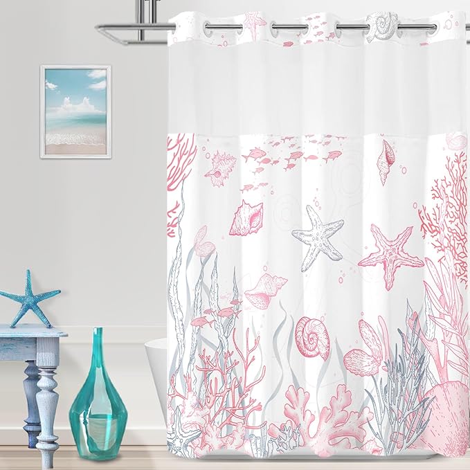 No Hook Shower Curtain with Snap in Liner, Beach Ocean Nautical Coastal Shower Curtains and Liner Set for Bathroom, Seashell Hotel Fabric Bath Curtain, Waterproof Washable, Pink 71" x 74" by TWLSNCD