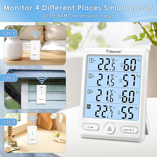 Geevon Indoor Outdoor Thermometer Wireless, 5-Inch Display Digital Hygrometer Thermometer Temperature Humidity Monitor with 3 Remote Sensors and Backlight, Battery-Powered(White) - Image 2