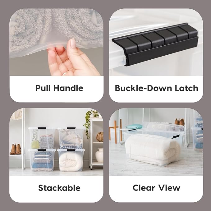 IRIS USA 94 Qt Stackable Plastic Storage Bins with Lids, 2 Pack - BPA-Free, Made in USA - See-Through Organizing Solution, Latches, Durable Nestable Containers, Secure Pull Handle - Clear - Image 3