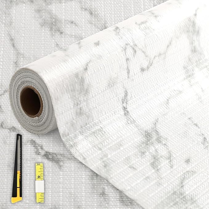 FINNEZ Drawer and Shelf Liner for Kitchen Cabinet Non Adhesive Non Slip 12in x 10FT, Heavy Duty Gripper Cabinet Liners, Waterproof No Residue Easy Cut with Measuring Tape & Cutter Tool (White Marble) by FINNEZ