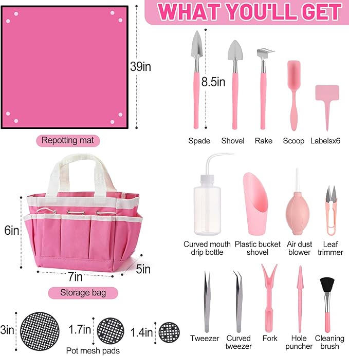 44pcs Small Gardening Tools Gifts for Women Beginners - Garden Hand Tools Set for Indoor Succulent Bonsai Plants Transplanting, Included Bag/Repotting Mat/Shovel/Labels, Pink - Image 6