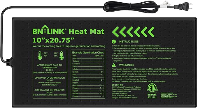 BN-LINK Durable Seedling Heat Mat for Seed Starting 10" x 20.75", Waterproof Warming Mat Plant Heating Pad for Seed Germination, Indoor Growing, Hydroponic, Greenhouse, ETL Listed by BN-LINK