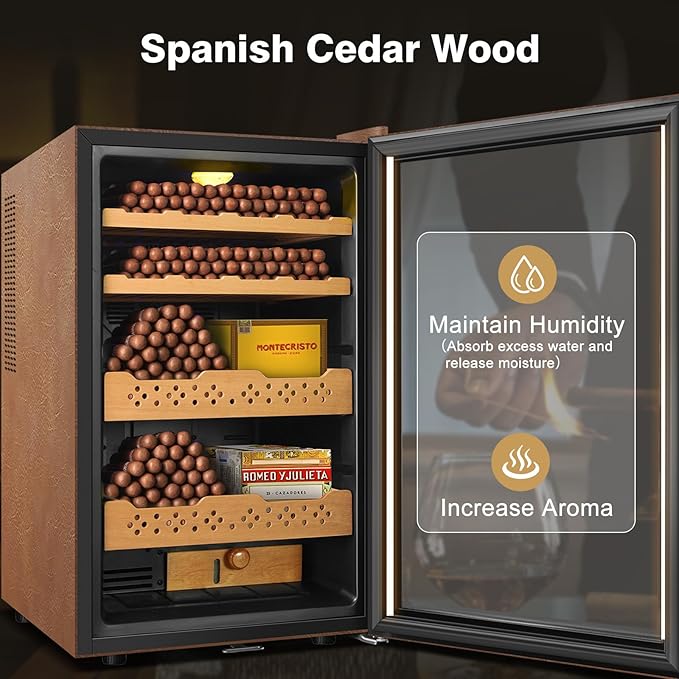 Electric Cooler Cabinet 70L with Temperature and Humidity Control, Leather Finish, Spanish Cedar Wood Shelves and Safety Lock (500 Counts Capacity), Gift for Men - Image 4
