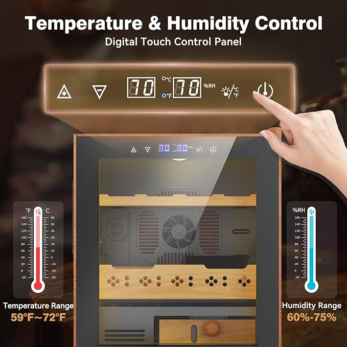 Electric Cooler Cabinet 50L with Temperature and Humidity Control, Leather Finish, Spanish Cedar Wood Shelves and Safety Lock (400 Counts Capacity), Gift for Men - Image 3