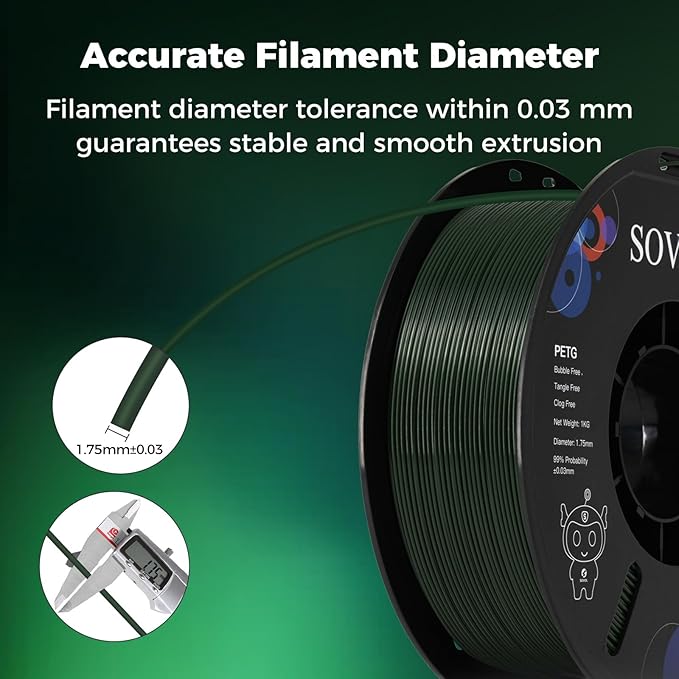 Sovol 3D Printer PETG Filament 1.75mm 1KG (2.2lbs), High Precision, Strong Toughness, Wiring Tightness, Dimensional Accuracy +/- 0.03 mm, 3D Printing PETG Filaments, Army Green - Image 6
