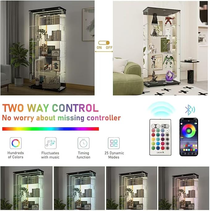 Yoluckea 5 Tiers Glass Display Cabinet with Bluetooth LED Light Strip, 2 Doors Floor Standing Curio Cabinet with Universal Wheel and Mirror Back Panel, Black Glass Bookshelf for Collections, Wood Top - Image 3