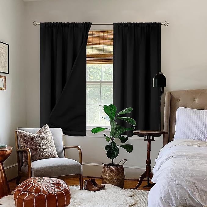 BGment Black Blackout Curtains for Bedroom 2 Panels, Rod Pocket Bedroom Curtains Double Layer 100% Room Darkening Thermal Insulated Window Curtains with Black Liner, Each 52 x 45 Inch - Image 2