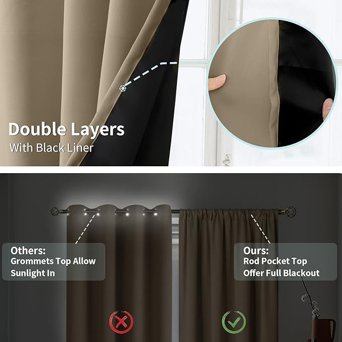 BGment 100% Blackout Curtains for Bedroom 63 Inch Length 2 Panels, Thermal Insulated Room Darkening Curtains Rod Pocket Soundproof Bedroom Living Room Window Curtains, Sand, Each 52 Inch Wide - Image 6
