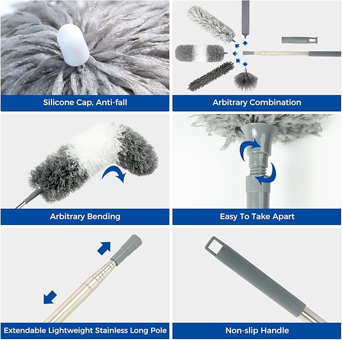 9Pcs Dusters for Cleaning Kit, Extendable Microfiber Duster Tools with 100" Long Pole, Retractable Gap Bendable Dust Cleaner, Reusable Washable Cleaning Supplie for Ceiling Fan Furniture Cars and Home - Image 6
