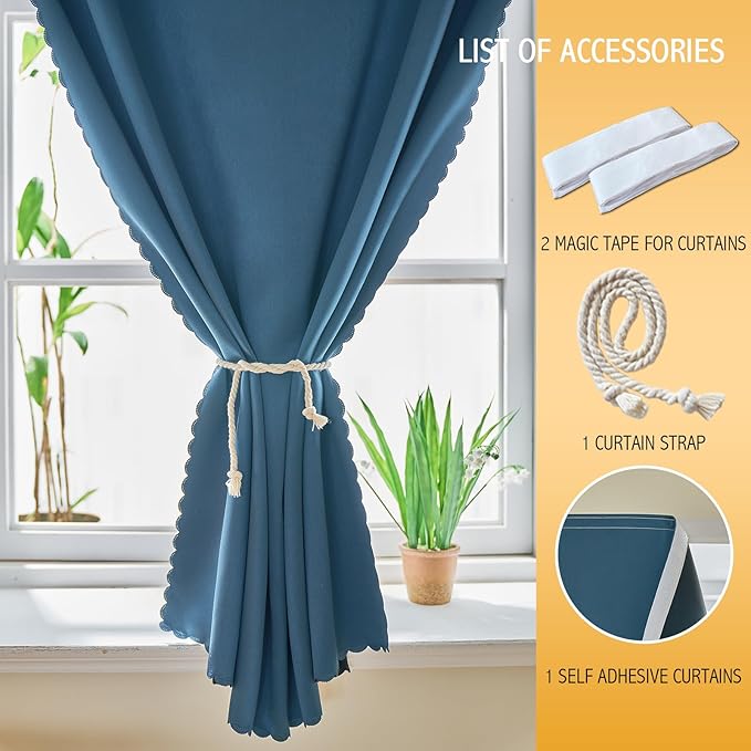 Magic Tape Stick on Portable Curtains for Windows,Bedroom Blackout Curtains for - Thermal Lnsulated No Drill Curtains Room Darkening Black Small Drapes(1 Panels,47Wx54L inch-Dark Blue) - Image 6