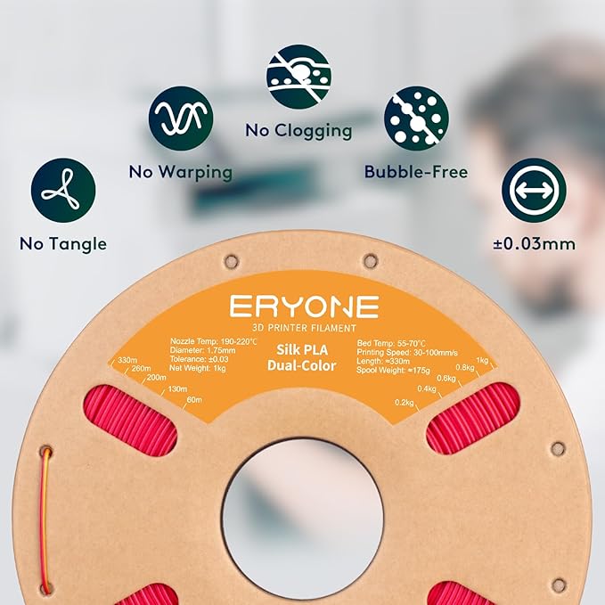 ERYONE Silk Dual Color PLA Filament 3D Printer 1.75mm +/- 0.03mm, Bicolor Filament Two Tone PLA Bundle 2KG Cardboard Spool, Red Gold - Image 4