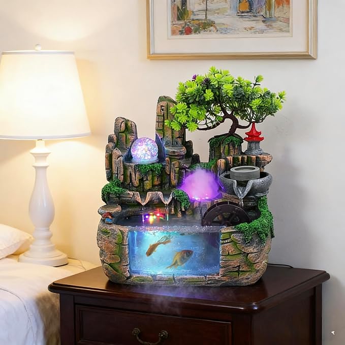 11.81" Creative Desktop Fountain Waterfall Bonsai w/LED Lights & Atomizer Tabletop Decor, Small Fish Tank Rockery Humidifier, Mini Rock Plant Artificial Bonsai Fountain Rockery for Office Home Decor - Image 2