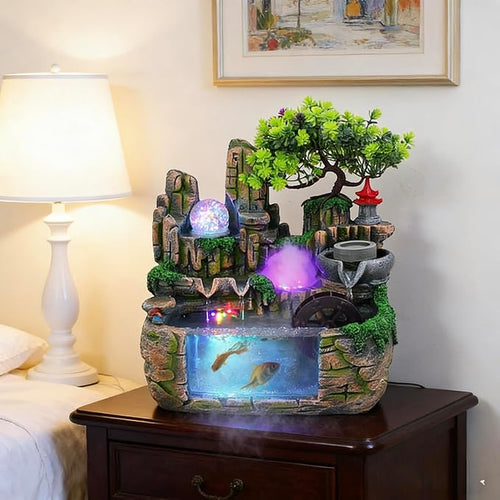 11.81" Creative Desktop Fountain Waterfall Bonsai w/LED Lights & Atomizer Tabletop Decor, Small Fish Tank Rockery Humidifier, Mini Rock Plant Artificial Bonsai Fountain Rockery for Office Home Decor - Image 2