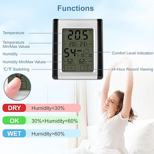 Digital Indoor Thermometer and Hygrometer Monitor with Touch Screen, Comfort Indicator & 24-Hr History, High Accuracy Home Room Temperature Humidity Gauge (3×2.5×0.6 in) - Image 3