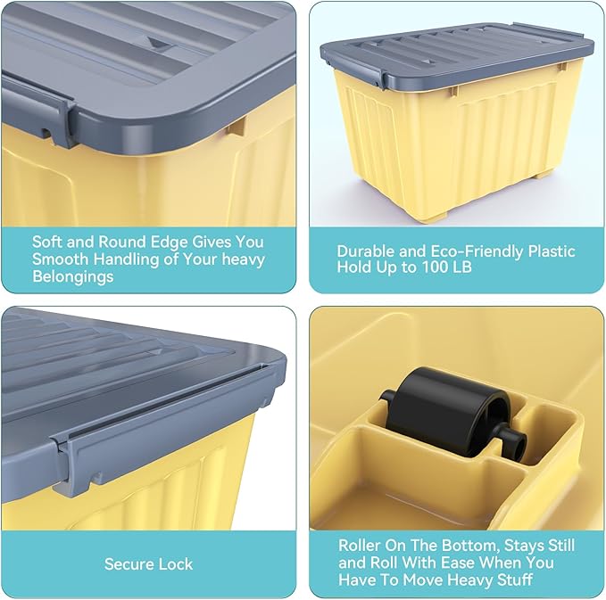 Nazhura Plastic Storage Bin, Stackable and Nestable Storage Boxes with White Lids and Secure Latching Buckles, Large Storage Container (Yellow/Purple, 72Quart-4Pack) - Image 3