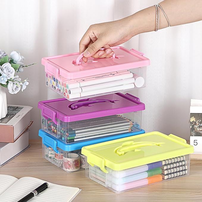 BTSKY 4-Pack Clear Plastic Storage Box with Lid, Stackable Organizer Featuring Easy-Lift Dolphin Design Multi-Use Portable Small Container for Home Craft Office Space-Saving with Secure-Clasp,4 Colors - Image 2