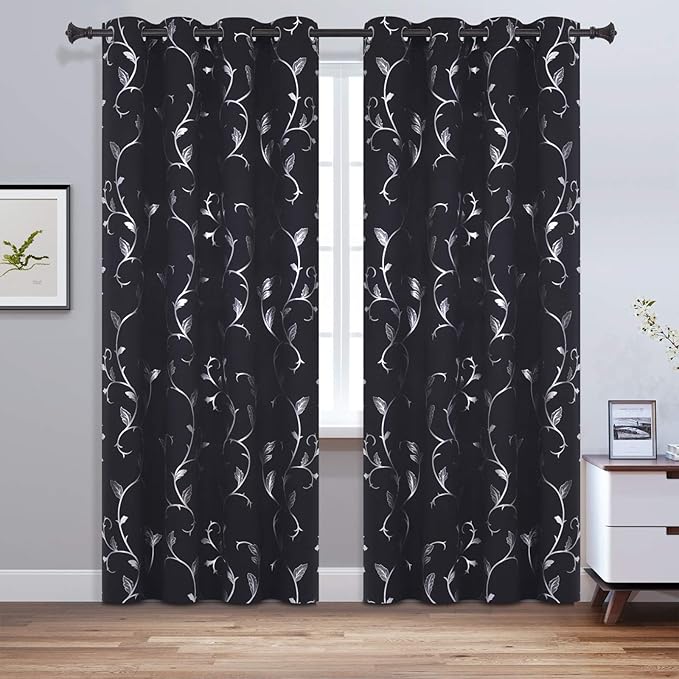 BUHUA Silver Shinny Vine Design Blackout Curtains Striped Window Curtains Thermal Insulated Curtains for Nursery 52W×72L Black 1 Pair - Image 2