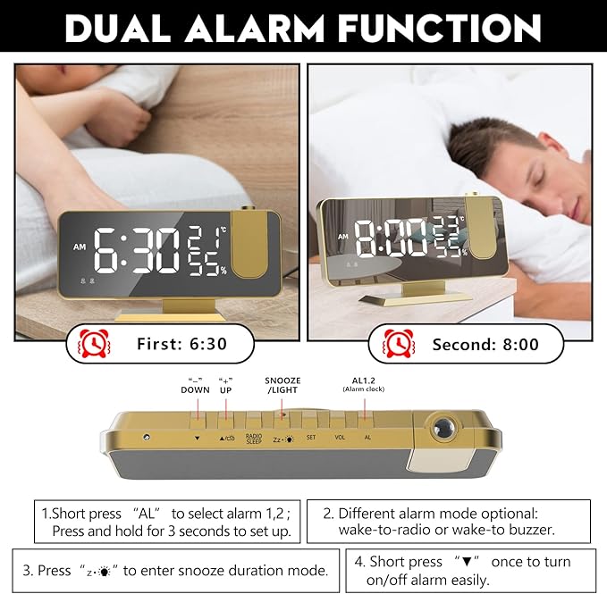 Projection Digital Alarm Clock for Bedrooms, Alarm Clock Radio on Ceiling, USB Charger Port, Temperature & Humidity Display, 7.3” Large Mirror LED Display,12/24H,Snooze,Dual Loud Clock- 4 Dimmer - Image 4