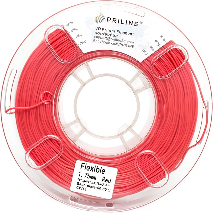 TPU Filament，PRILINE 98A TPU Flexible Soft 3D Printer Filament，1KG 1.75mm Spool Durable Flexible Material, Red - Image 3