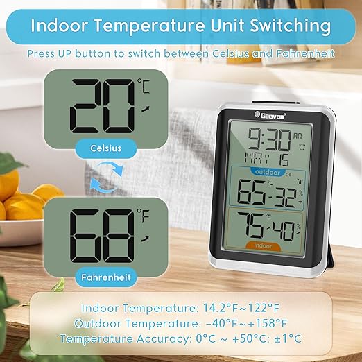 Geevon Wireless Indoor/Outdoor Thermometer & Hygrometer, Digital Temperature & Humidity Sensor with Time, Clock, 200ft/60m Range, 3.8‘’ Large Display - Image 6