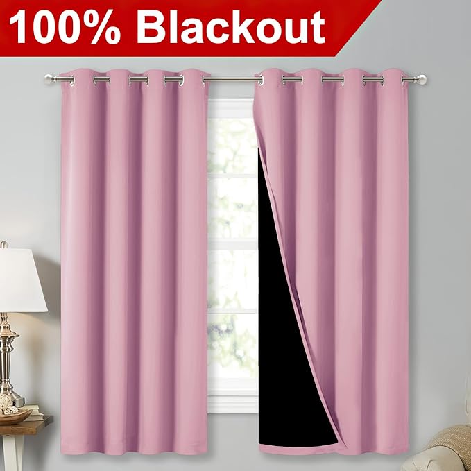 NICETOWN 100% Blackout Curtains with Black Liners, Thermal Insulated Full Blackout 2-Layer Lined Drapes, Energy Efficiency Window Draperies for Bedroom (Crystal Pink, 2 Panels, 52-inch W by 63-inch L) - Image 2