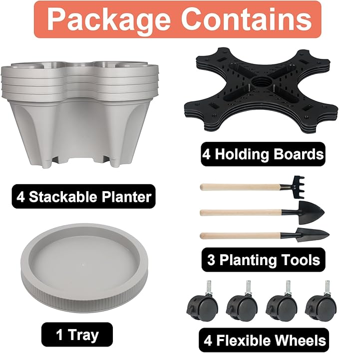 GameXcel Vertical Planter 4 Tier Stackable Planters Garden Planters Strawberry Herb Flower and Vegetable Planter Indoor Outdoor Gardening Pots with Removable Wheels and Tools - Image 8