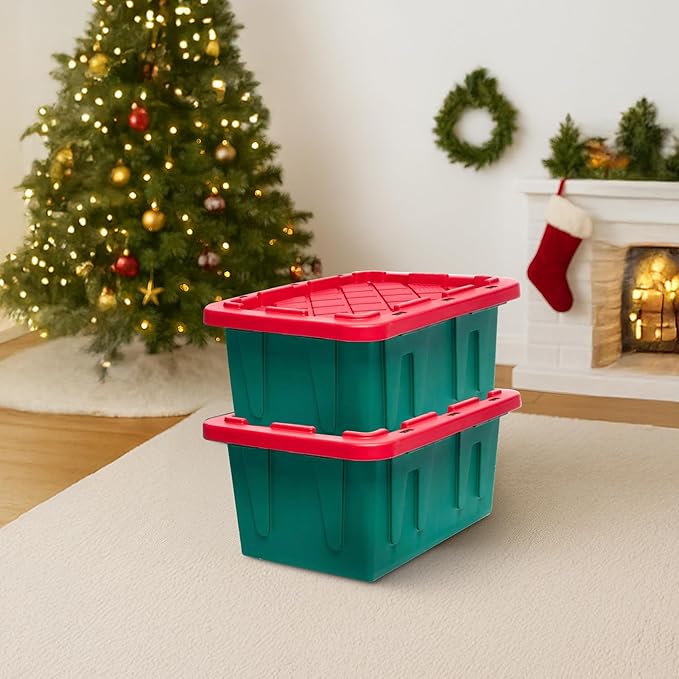 HOMZ 2-Pack Durabilt, Heavy Duty Plastic Storage Bins with Lids, 15 Gallon, Green/Red - Stackable Container Boxes for Holiday, Attic, and Garage Organization - Image 9
