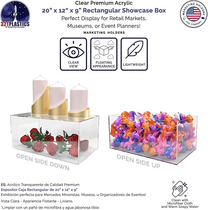 20" x 12" x 9" Acrylic Display Riser Box with One Open Side No Lid Versatile Clear Rectangular Dust Cover Retail Merchandise Storage Bin or Product Platform by Marketing Holders - Image 2