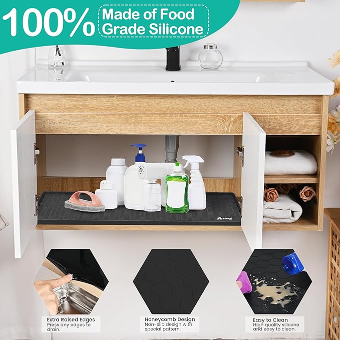 Waterproof Under Sink Mat 28" x 22", Silicone Cabinet Liner, Rubber Protector for Kitchen and Bathroom, Keeps Cabinets Clean, Dry, and Organized (Black) - Image 3