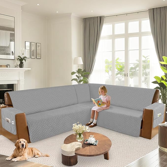 Arfntevss Waterproof Sectional Couch Covers L Shape Washable Velvet Sofa Cover for Sectional Non Slip Large Corner Slipcovers Dog 6 Pcs Universal U Shaped Furniture Protector (Silvery Gray, X-Large) - Image 6