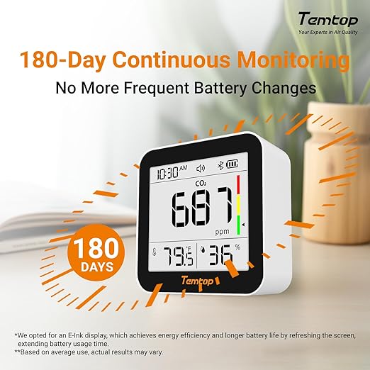 Temtop CO2 Monitor Indoor Air Quality Monitor 3 in 1 CO2 Meter(Temperature, Humidity and CO2), 180 Days Standby Time - Image 3